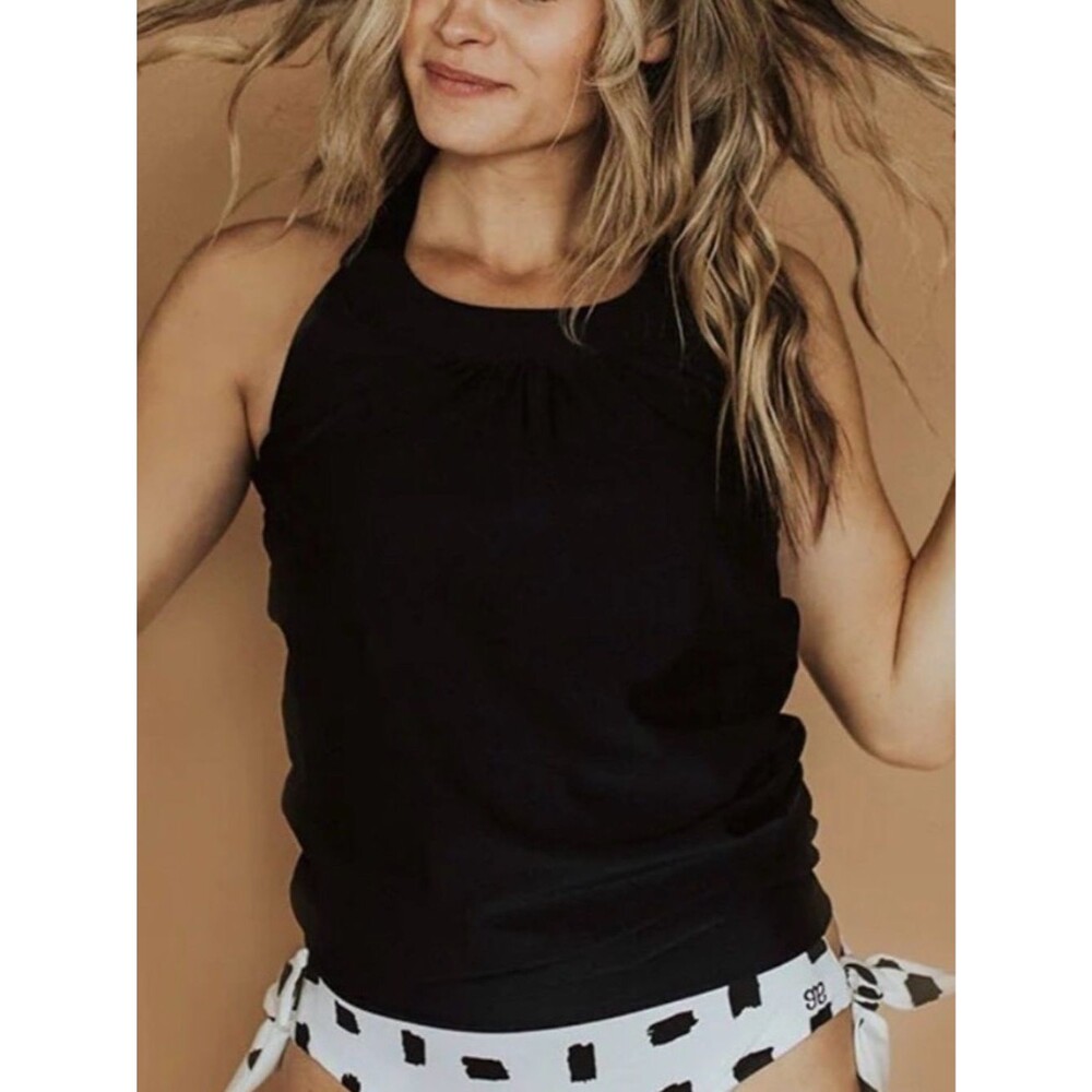 Albion Blousy Tankini Top Black Halter Swim Top Shelf Bra Size Small Modest